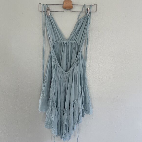 Dusty Blue Boho Ruffle Tiered High Low Sleeveless Maxi Festival Tank Halter Top - Picture 3 of 5